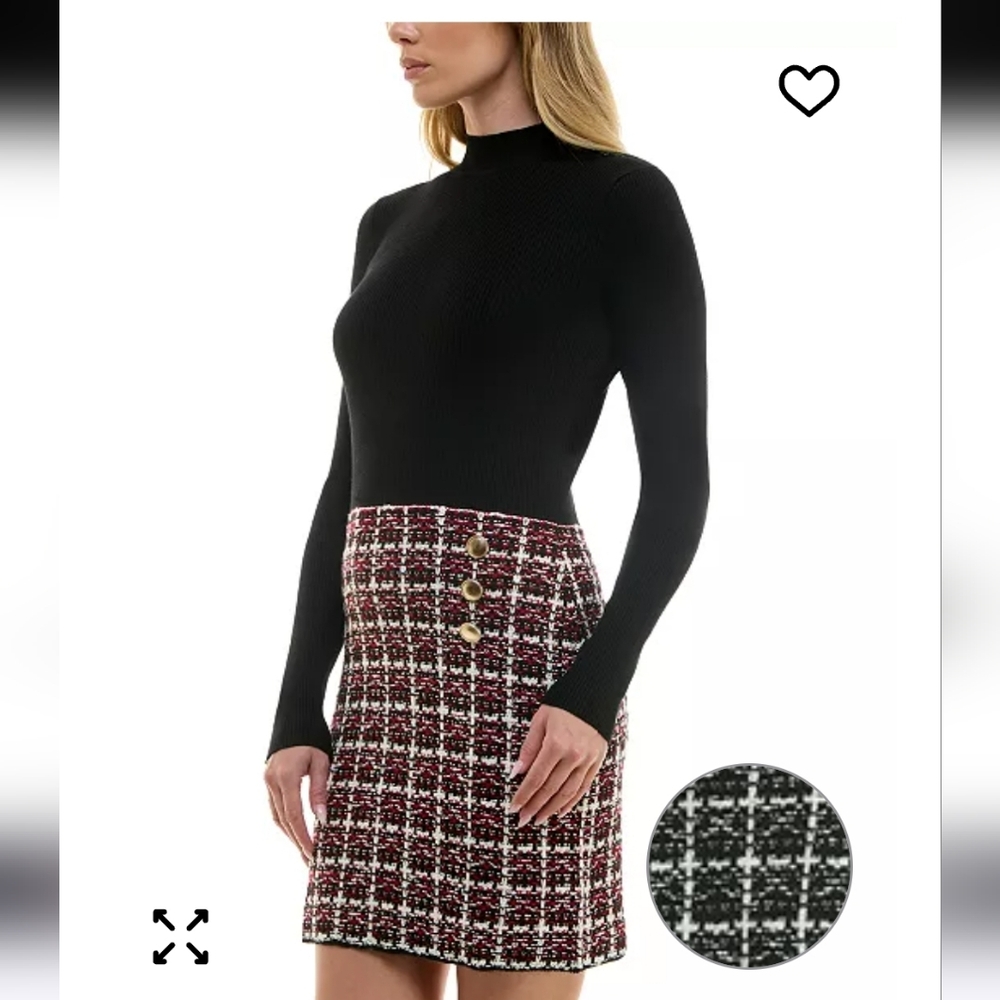 BCX Women Combo Tweed-Skirt Long-Sleeve Sweater Dress Sz L NWT Detail Button